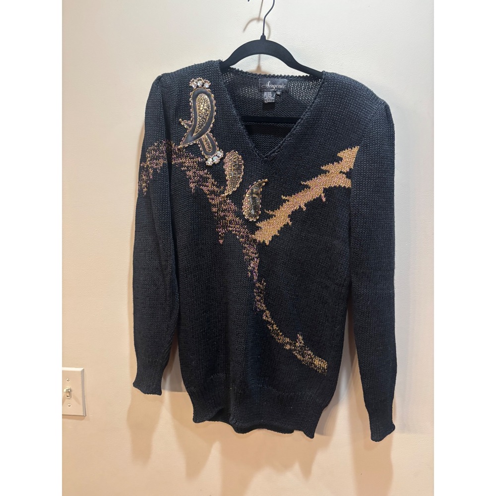 Vintage Angenie Black Gold Metallic Beaded Paisley V-Neck Knit Sweater Womens‎ M